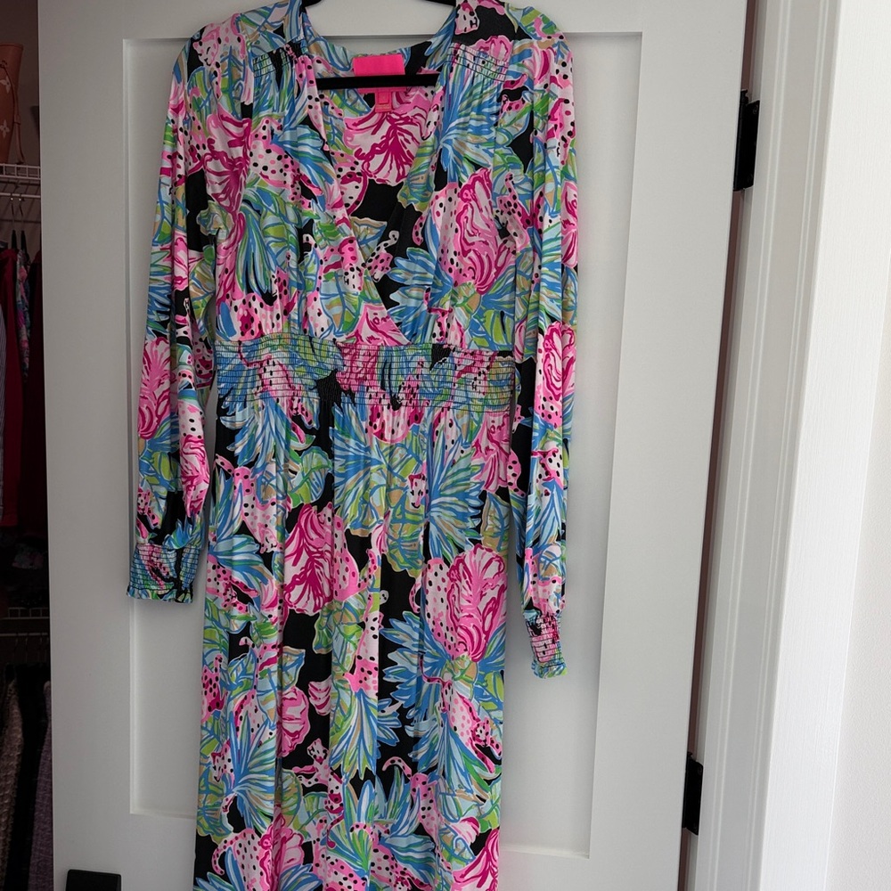 Lilly Maxi Floral V-Neck Long Sleeve Dress in Black with Pink & Blue